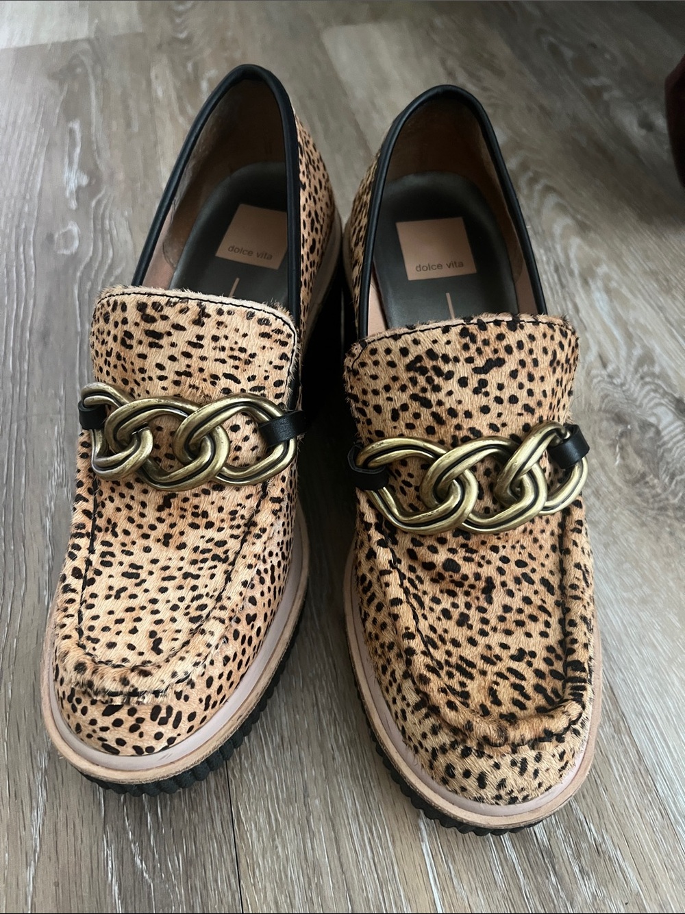 Dolce Vita Leopard-Print Loafers with Chunky Gold Chain